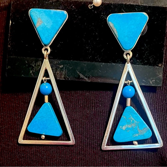 🆕 TAXCO Vintage Sterling Silver & Mexican Turquoise Dangle Earrings - Picture 2 of 5